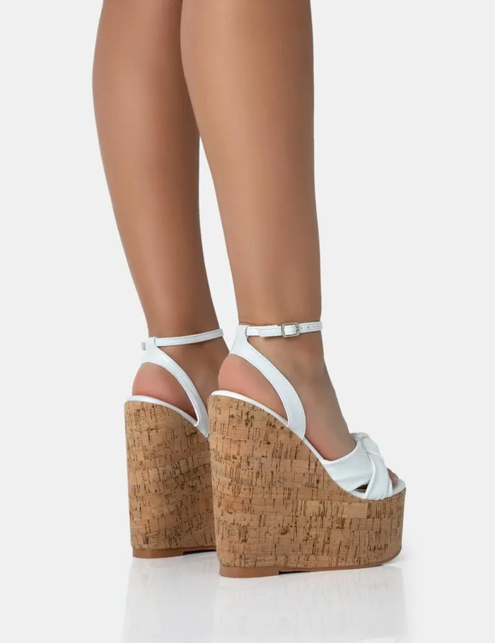 Women Sandy White PU Knot Strap Round Toe Cork Wedge Heels White Public Desire Holiday