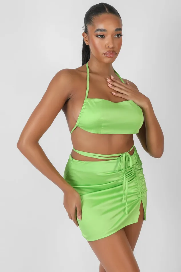 Women Satin Ruched Detail Mini Skirt Green Kaiia Green Public Desire Two Piece Sets