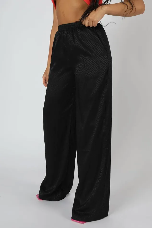 Women Satin Zebra Print Wide Leg Trousers Black Kaiia Black Public Desire Trousers