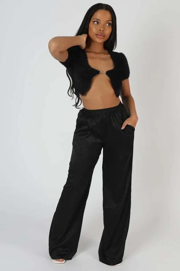 Women Satin Zebra Print Wide Leg Trousers Black Kaiia Black Public Desire Trousers