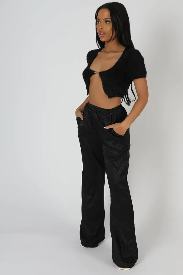 Women Satin Zebra Print Wide Leg Trousers Black Kaiia Black Public Desire Trousers