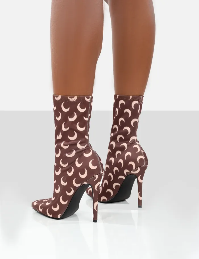 Women Saturn Return Brown Pointed Toe Printed Sock Boots Brown Public Desire Heeled Boots