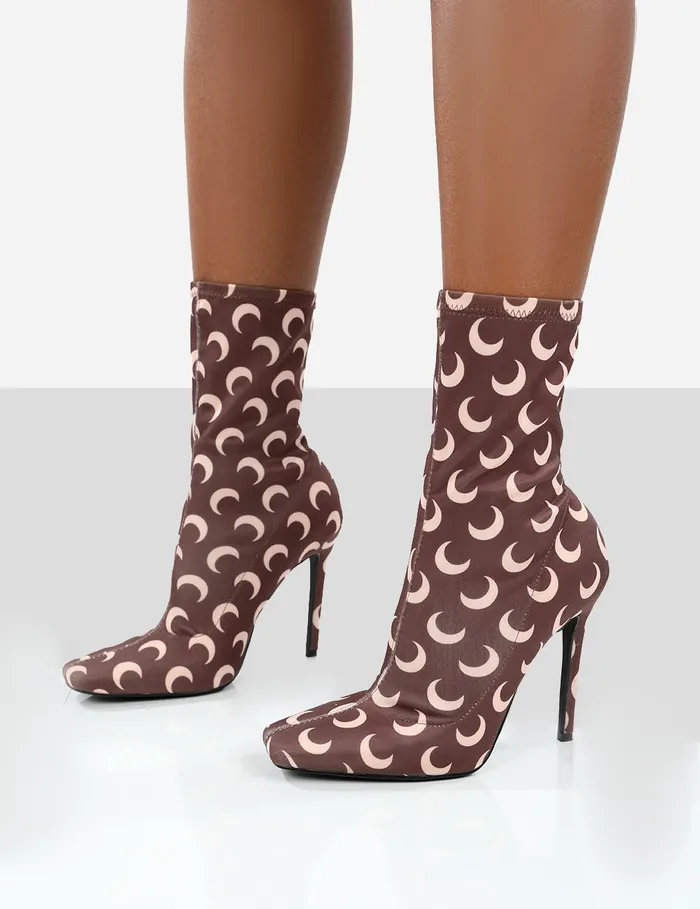 Women Saturn Return Brown Pointed Toe Printed Sock Boots Brown Public Desire Heeled Boots