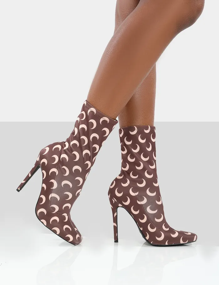 Women Saturn Return Brown Pointed Toe Printed Sock Boots Brown Public Desire Heeled Boots