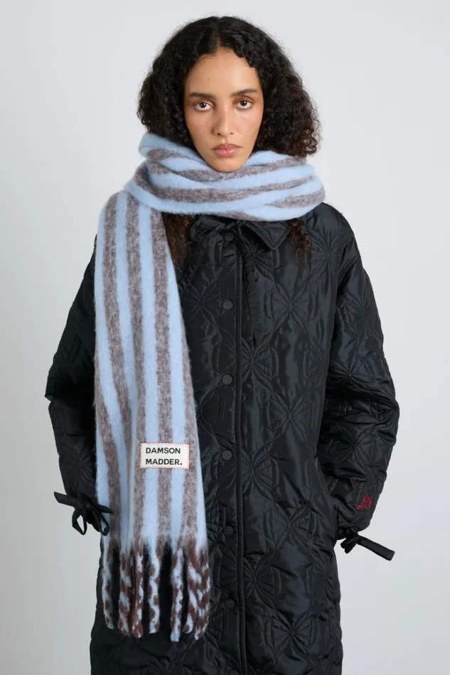 Women Scarves Damson Madder Chocolate and Baby Blue Fluffy Stripe Scarf