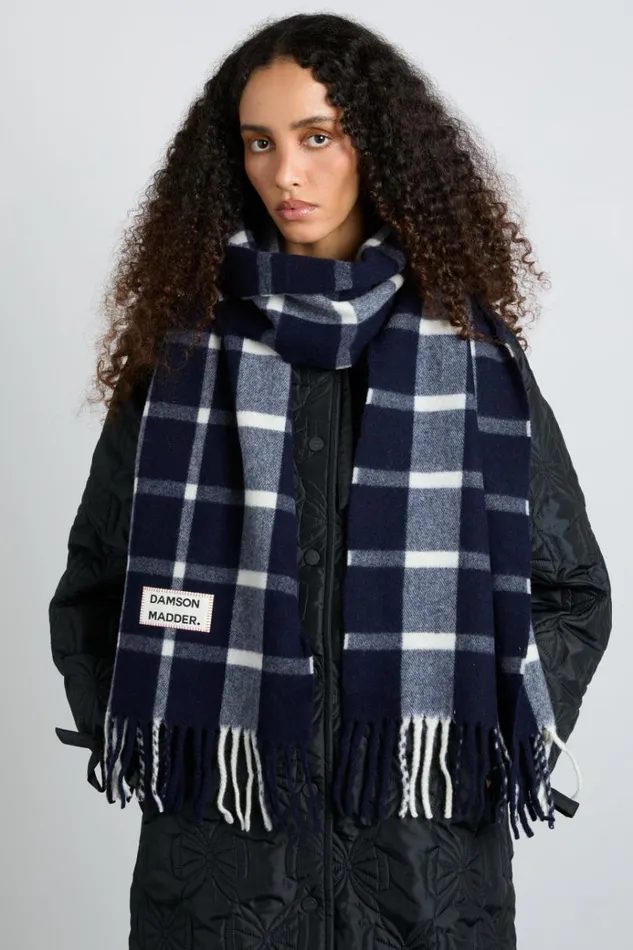 Women Scarves Damson Madder Navy and Ecru Check Scarf In Responsible Wool