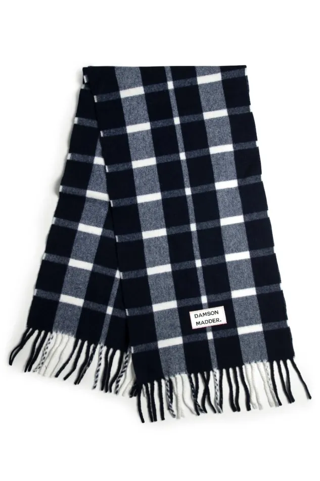 Women Scarves Damson Madder Navy and Ecru Check Scarf In Responsible Wool