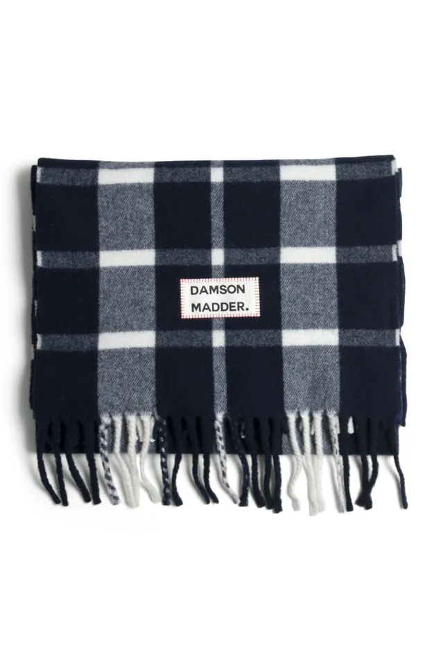 Women Scarves Damson Madder Navy and Ecru Check Scarf In Responsible Wool