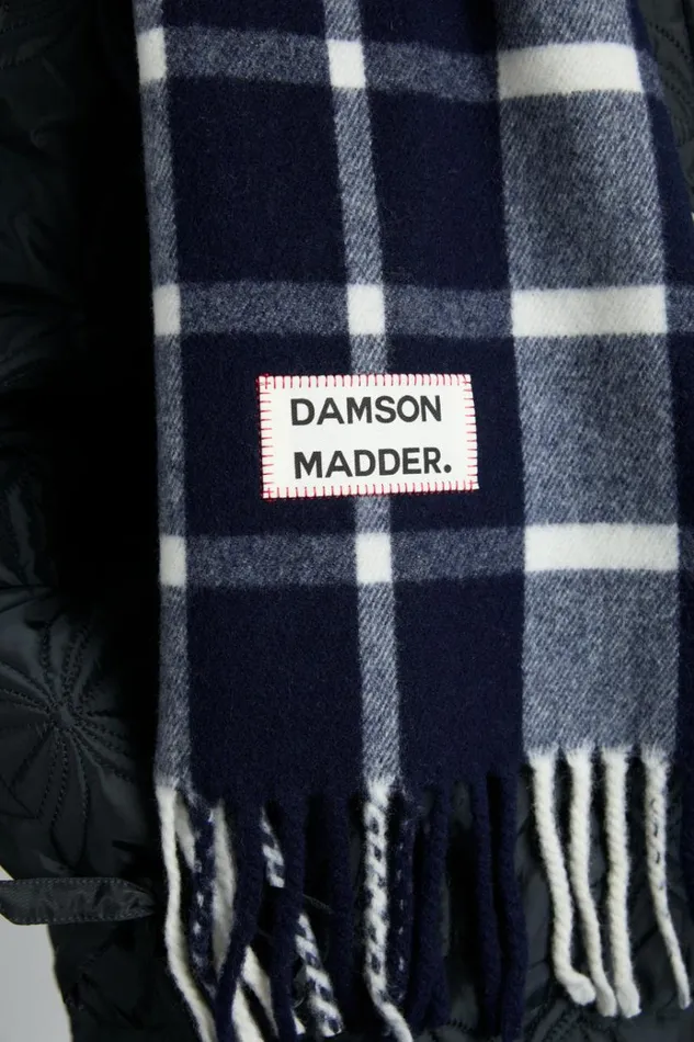Women Scarves Damson Madder Navy and Ecru Check Scarf In Responsible Wool