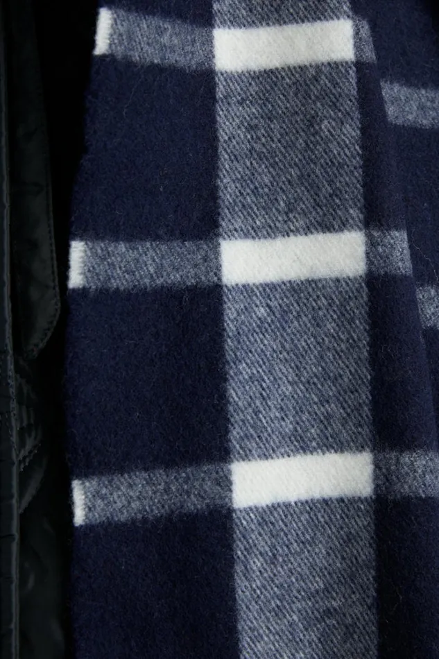 Women Scarves Damson Madder Navy and Ecru Check Scarf In Responsible Wool