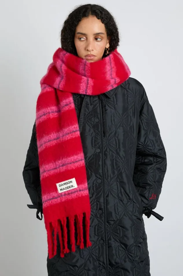 Women Scarves Damson Madder Pink and Red Fluffy Stripe Scarf