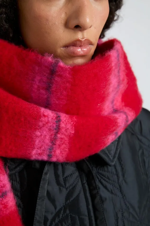 Women Scarves Damson Madder Pink and Red Fluffy Stripe Scarf