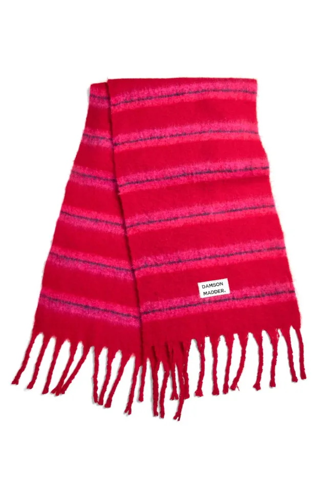 Women Scarves Damson Madder Pink and Red Fluffy Stripe Scarf