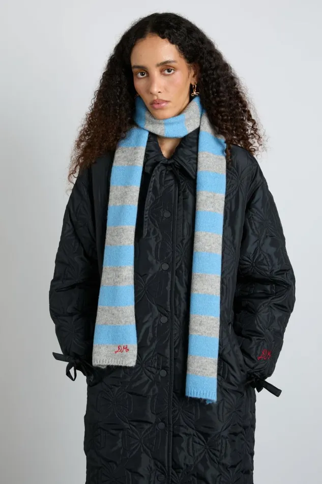 Women Scarves Damson Madder Skinny Stripe Scarf In Grey and Blue