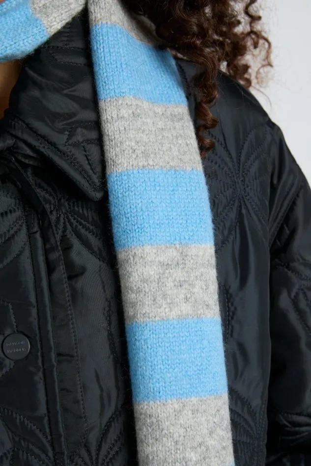 Women Scarves Damson Madder Skinny Stripe Scarf In Grey and Blue