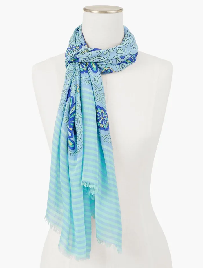Women Scarves Talbots Scrollwork Oblong Scarf Blue Sky Multi