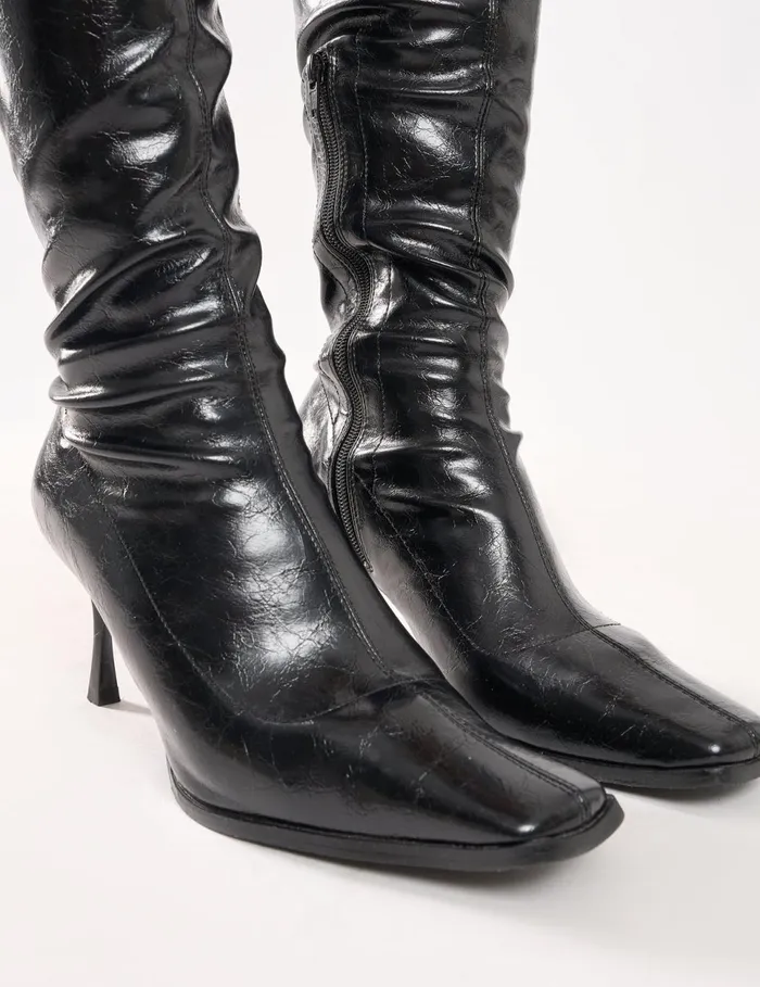 Women Scorpion Cracked Black Mid Heel Sock Knee High Boots Black Public Desire Long Boots