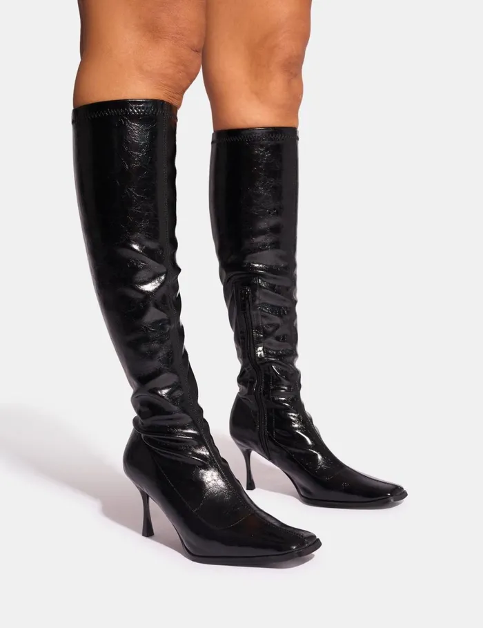 Women Scorpion Cracked Black Mid Heel Sock Knee High Boots Black Public Desire Long Boots