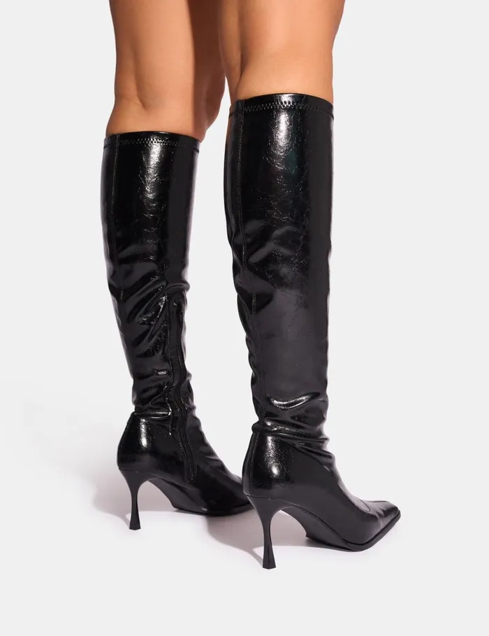 Women Scorpion Cracked Black Mid Heel Sock Knee High Boots Black Public Desire Long Boots