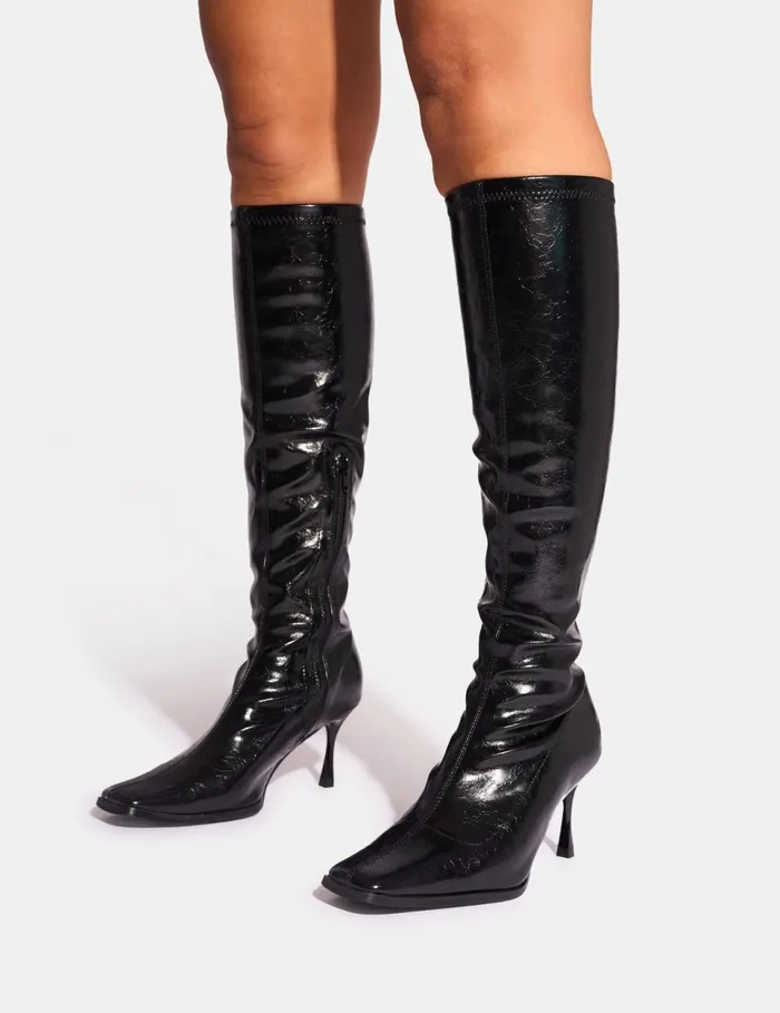 Women Scorpion Cracked Black Mid Heel Sock Knee High Boots Black Public Desire Long Boots