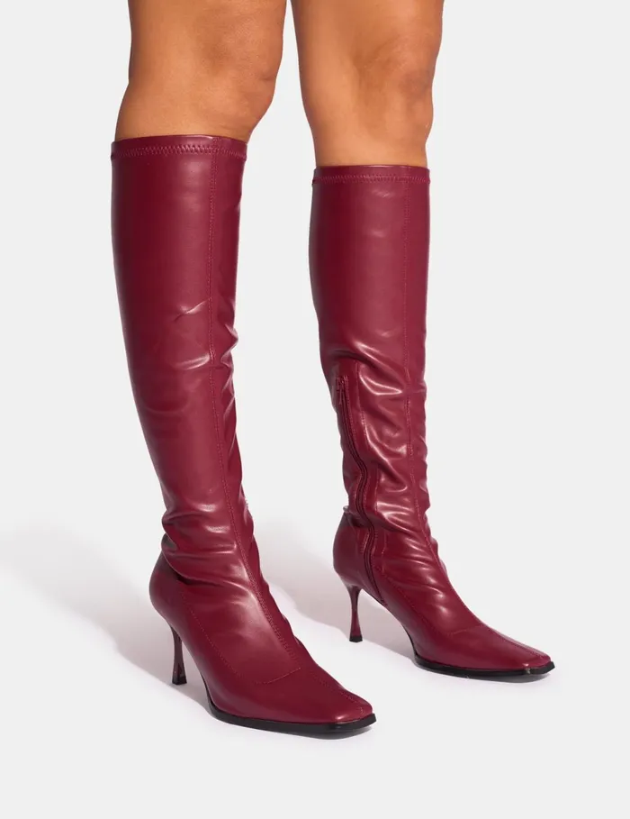 Women Scorpion Cracked Burgundy Mid Heel Sock Knee High Boots Burgundy Public Desire Long Boots