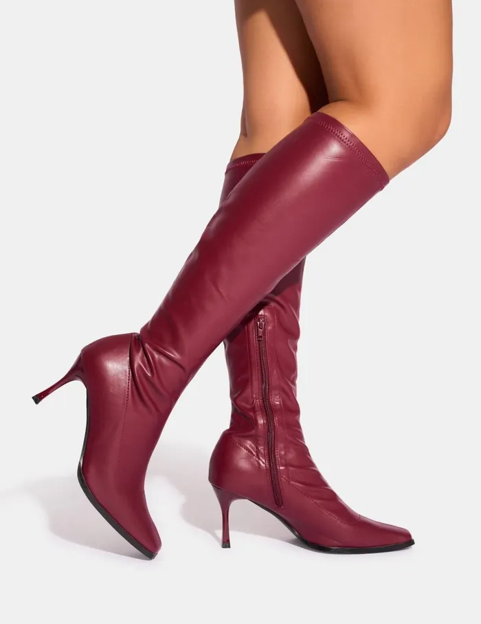 Women Scorpion Cracked Burgundy Mid Heel Sock Knee High Boots Burgundy Public Desire Long Boots
