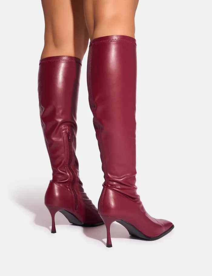Women Scorpion Cracked Burgundy Mid Heel Sock Knee High Boots Burgundy Public Desire Long Boots