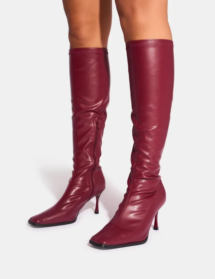 Women Scorpion Cracked Burgundy Mid Heel Sock Knee High Boots Burgundy Public Desire Long Boots