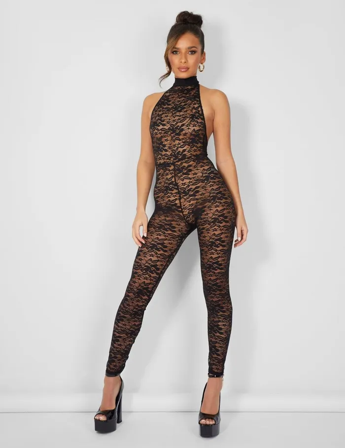 Women Second Skin Lace High Neck Jumpsuit Black Black Public Desire Jumpsuits and Playsuits