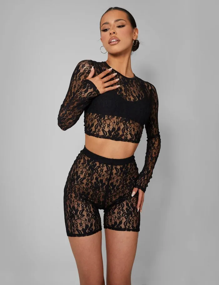 Women Second Skin Lace Long Sleeve Fitted Tshirt Black Black Public Desire Party