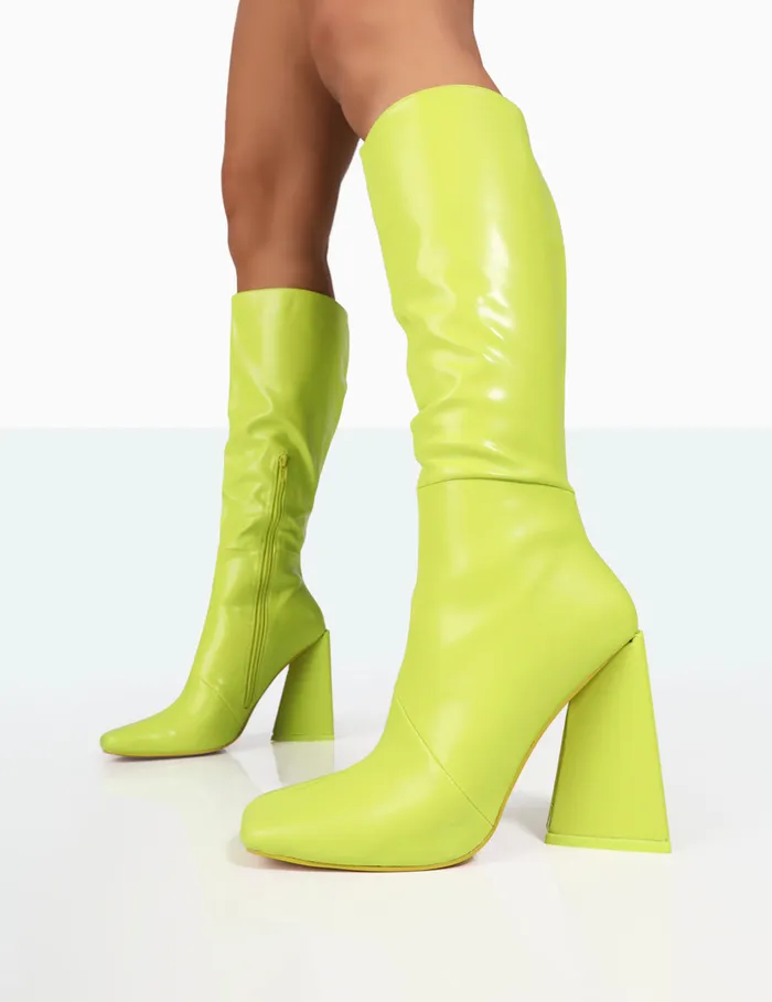 Women Senna Lime Pu Knee High Block Heel Boots White Public Desire Long Boots