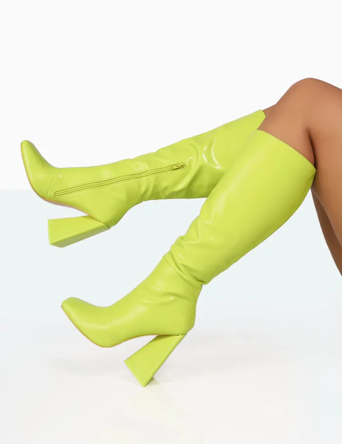 Women Senna Lime Pu Knee High Block Heel Boots White Public Desire Long Boots