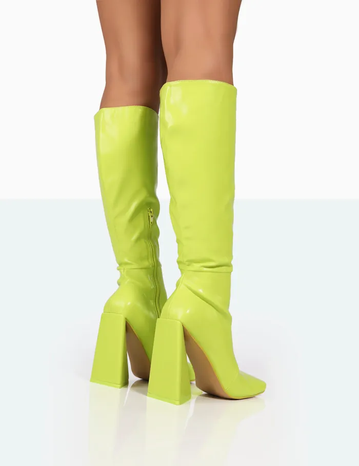 Women Senna Lime Pu Knee High Block Heel Boots White Public Desire Long Boots
