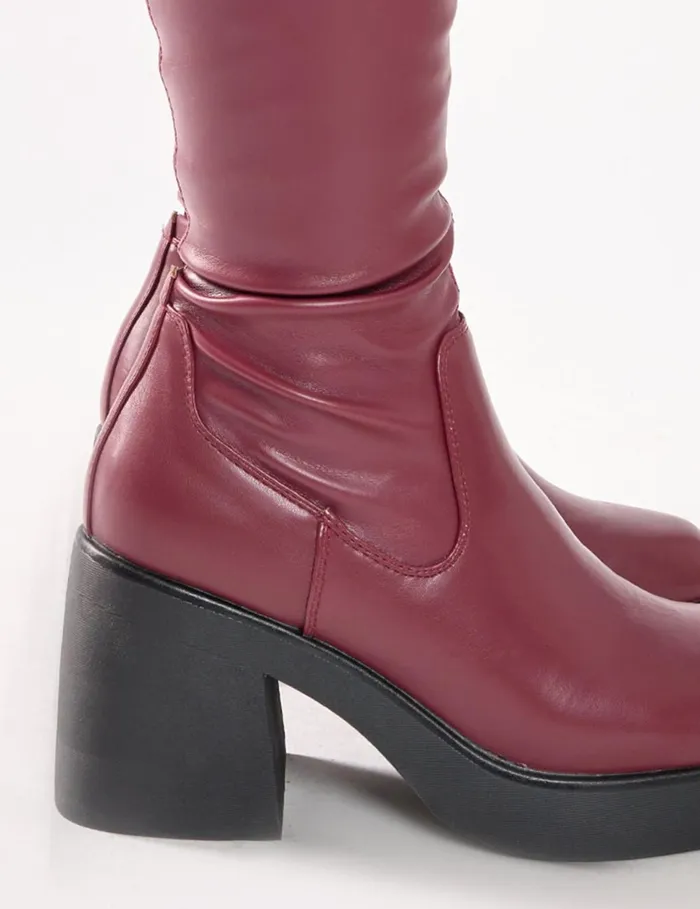 Women Sensored Burgundy Chunky Sole Sock Over The Knee Boots Burgundy Public Desire Long Boots