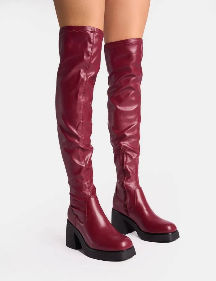Women Sensored Burgundy Chunky Sole Sock Over The Knee Boots Burgundy Public Desire Long Boots