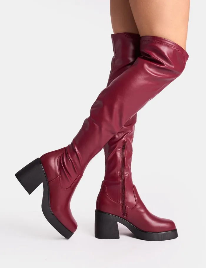 Women Sensored Burgundy Chunky Sole Sock Over The Knee Boots Burgundy Public Desire Long Boots