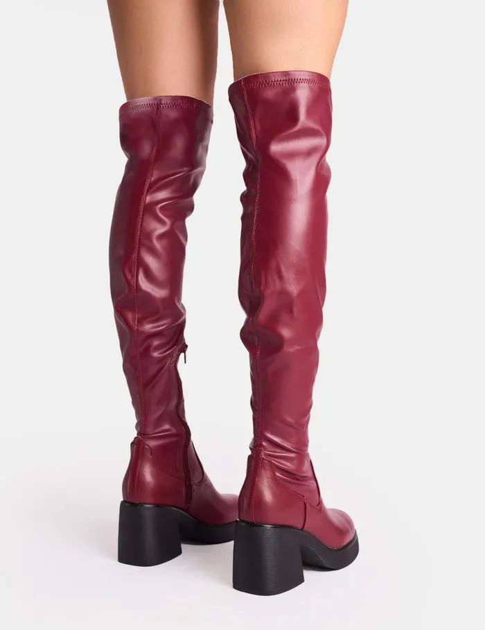 Women Sensored Burgundy Chunky Sole Sock Over The Knee Boots Burgundy Public Desire Long Boots
