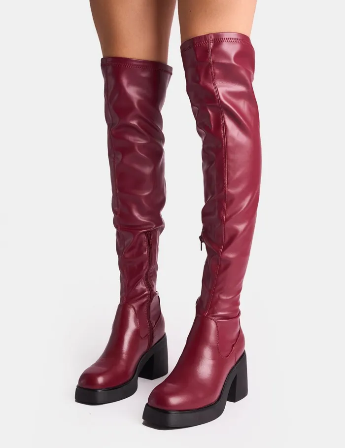 Women Sensored Burgundy Chunky Sole Sock Over The Knee Boots Burgundy Public Desire Long Boots