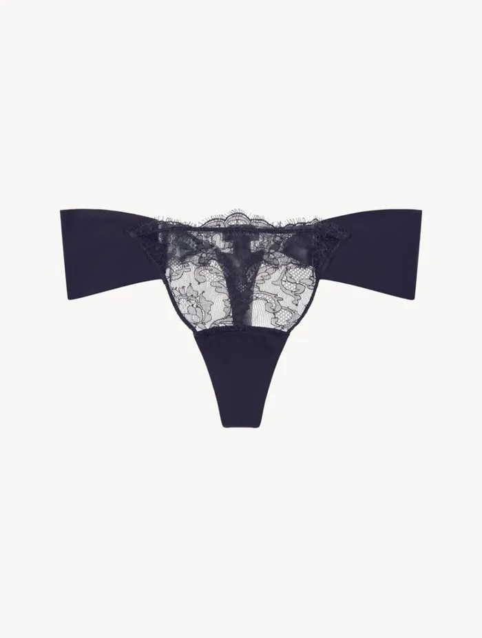 Women Shapewear La Perla Black Lycra Thong With Chantilly Lace