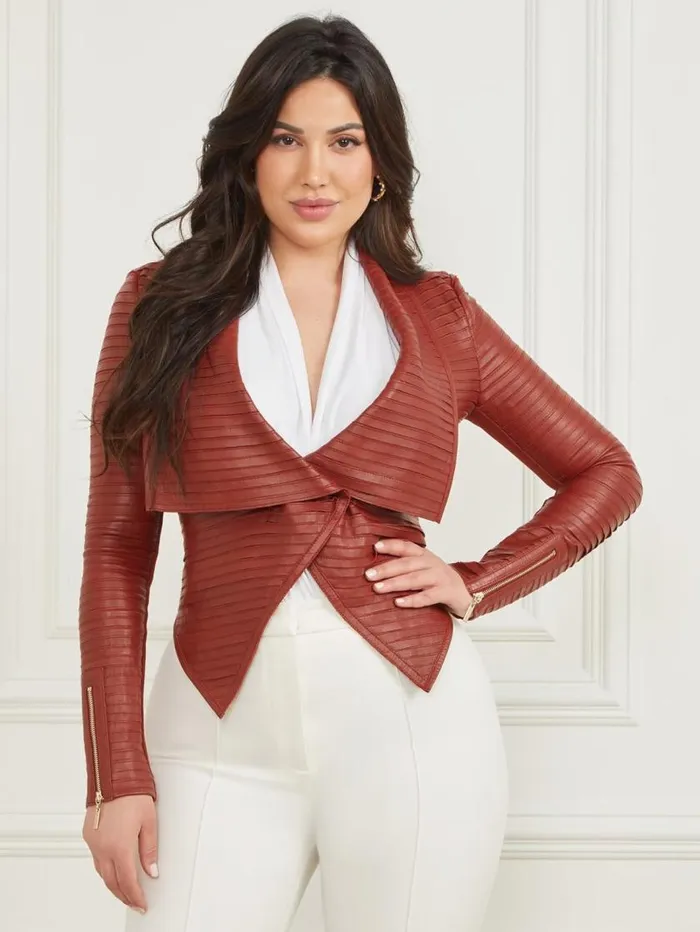 Women Shayna Drape Leather Jacket Dark Jam Red Marciano Jackets