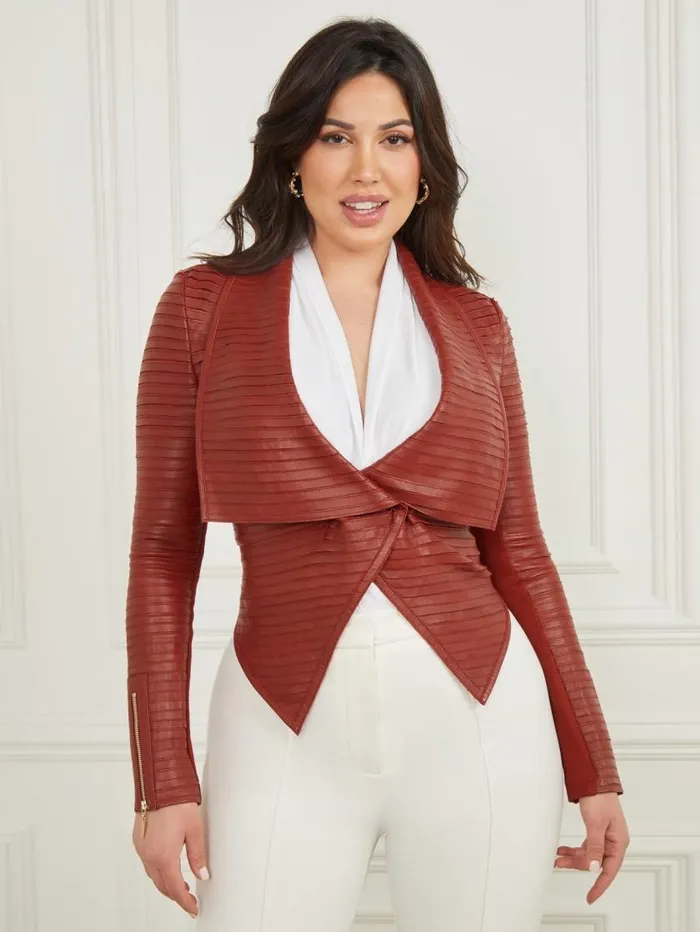 Women Shayna Drape Leather Jacket Dark Jam Red Marciano Jackets Women Shayna Drape Leather Jacket Dark Jam Red Marciano Jackets