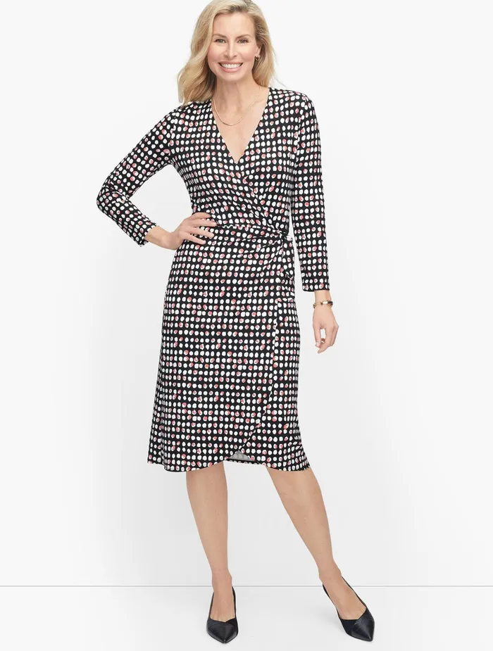 Women Sheath And Shift Talbots Knit Jersey Faux Wrap Dot Dress Black Multi