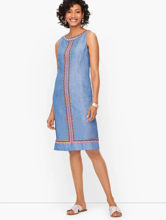 Women Sheath And Shift Talbots Linen Scallop Detail Shift Dress Blue Chambray