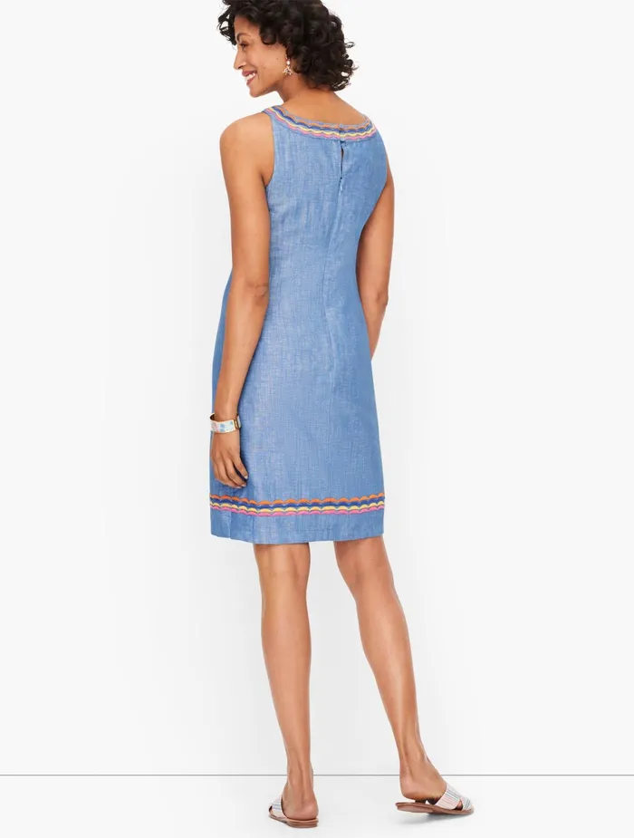 Women Sheath And Shift Talbots Linen Scallop Detail Shift Dress Blue Chambray