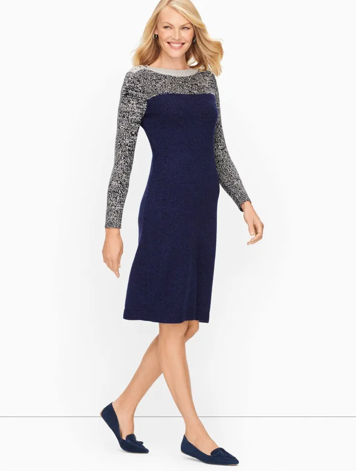 Women Sheath And Shift Talbots Marled Tweed Colorblock Dress Indigo Multi