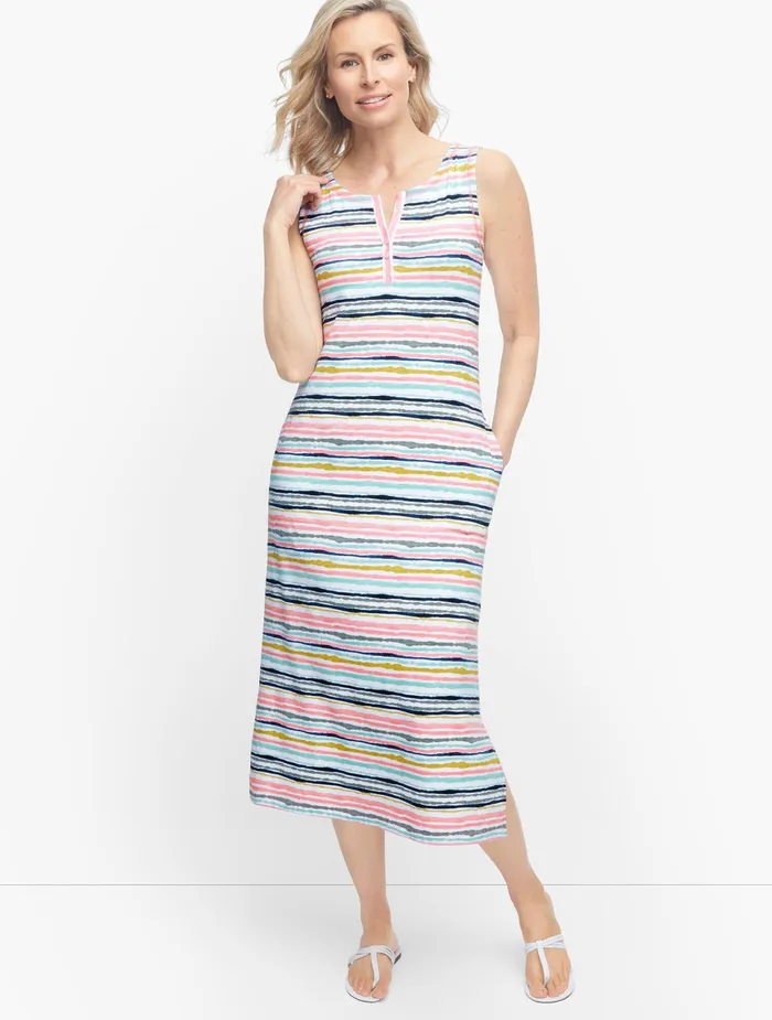 Women Sheath And Shift Talbots Painterly Stripe Henley Midi Dress White Multi