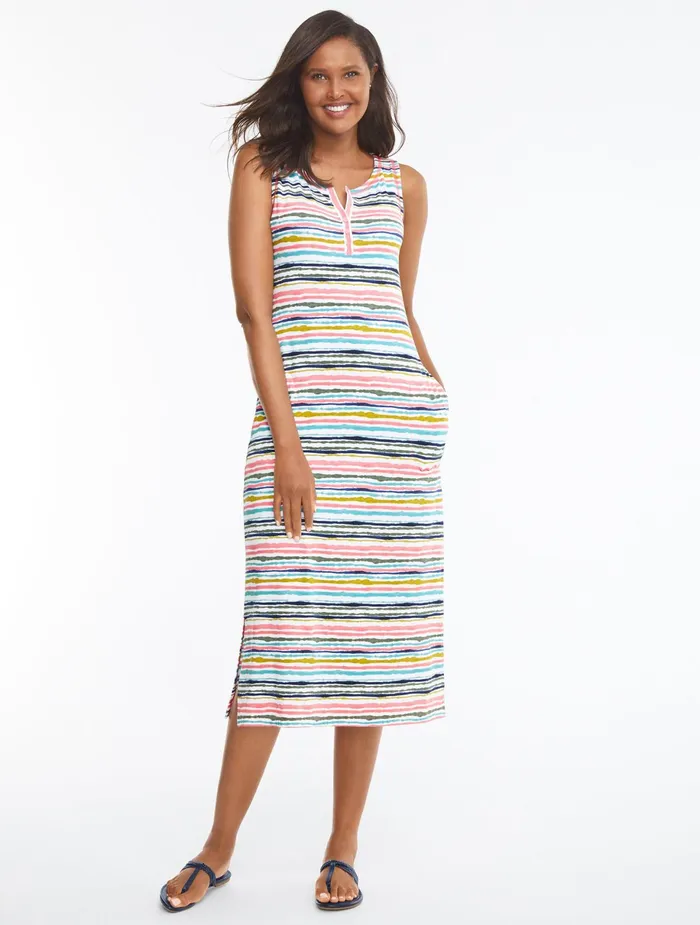 Women Sheath And Shift Talbots Painterly Stripe Henley Midi Dress White Multi