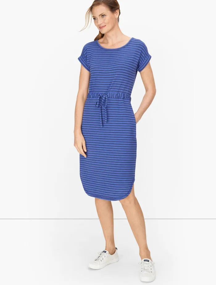Women Sheath And Shift Talbots Stripe Drawstring Waist Midi Dress Biscayne Blue Multi
