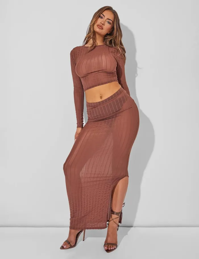 Women Sheer Long Sleeve Top Co Ord Brown Brown Public Desire Tops