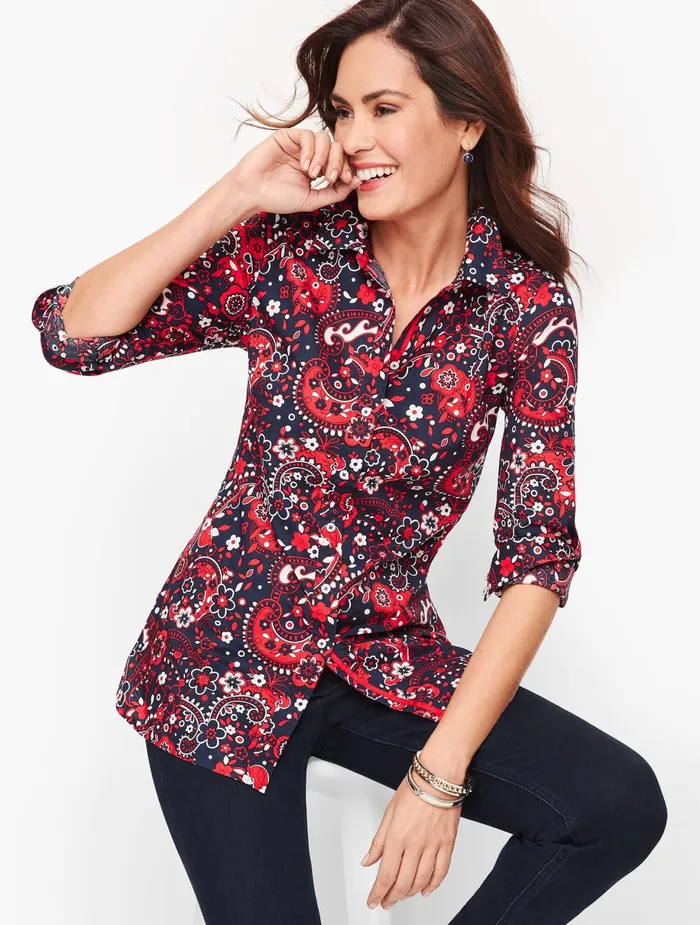 Women Shirts Talbots Classic Cotton Shirt India Ink Multi